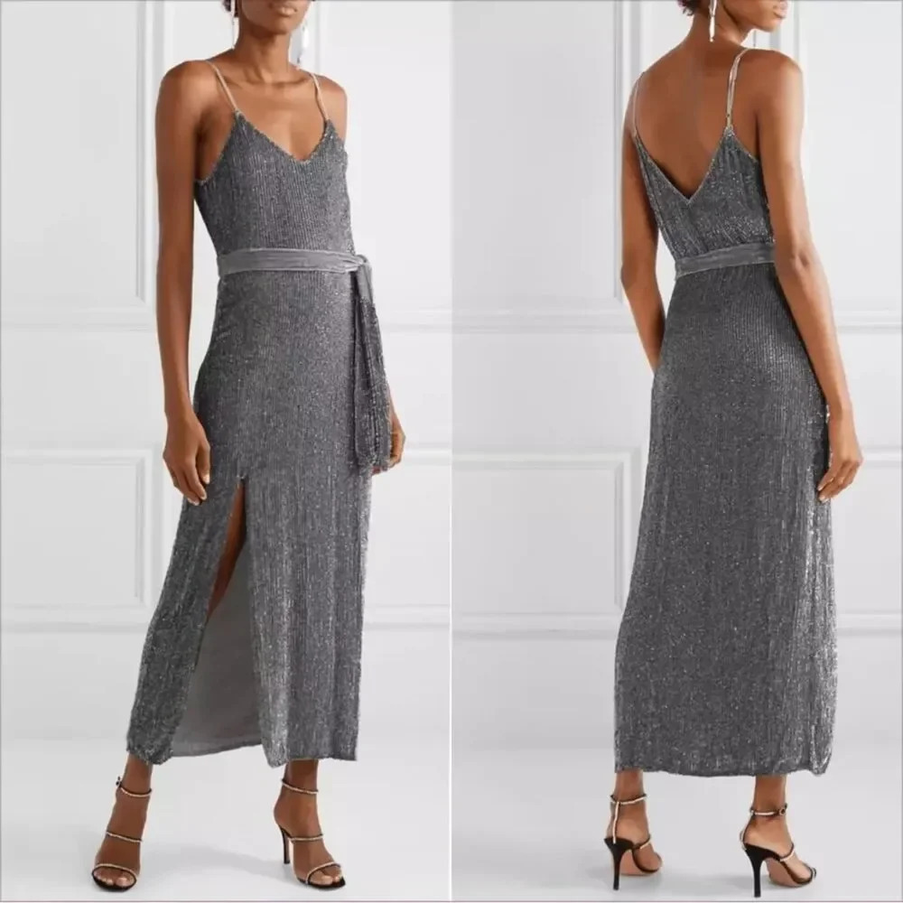 Retrofeteβ Rebecca Grey Velvet Trimmed Sequined Chiffon Dress